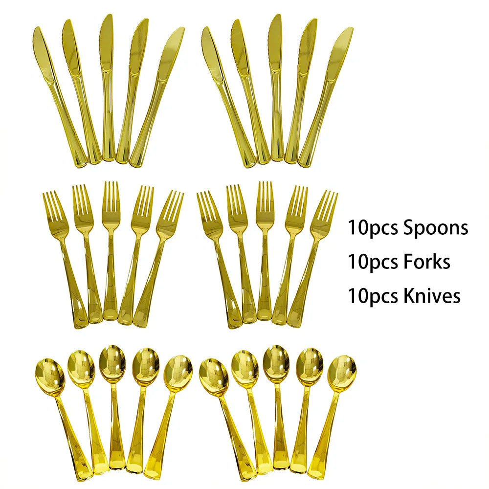 Rose Gold Disposable Knife Fork Spoon Cutlery Set Disposable Tableware Birthday Party Decorations Wedding Baby Shower Supplies