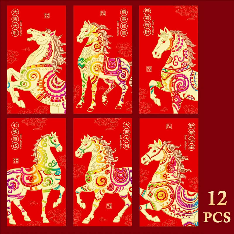 12-Pack 2026 Year of the Horse Chinese New Year Lucky Money Envelopes, Cartoon Red Packet for Spring Festival