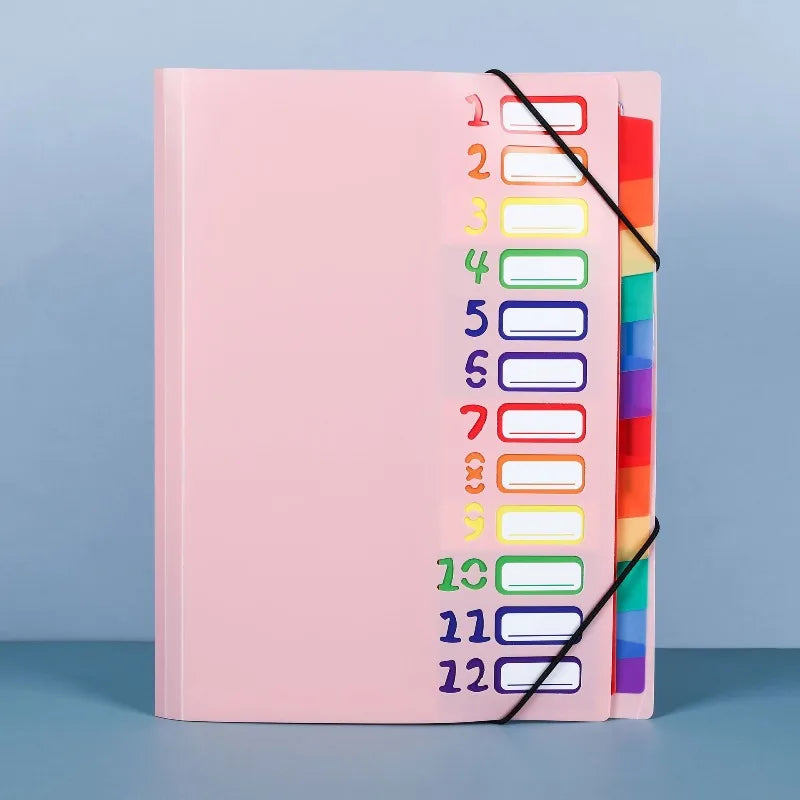 A4 12-Pocket Rainbow Accordion File Folder, Elastic Band Expanding Document Organizer with Index Tabs for School Office