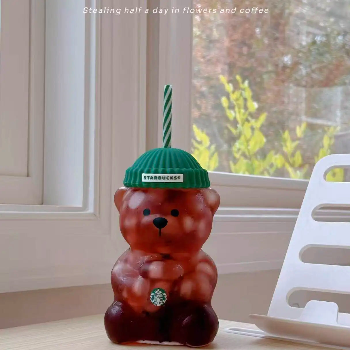 Starbucks Bearista Bear Clear Glass Tumbler 591ml 20oz Green Lid With Straw Cold Water Iced Coffee Home Café Gift