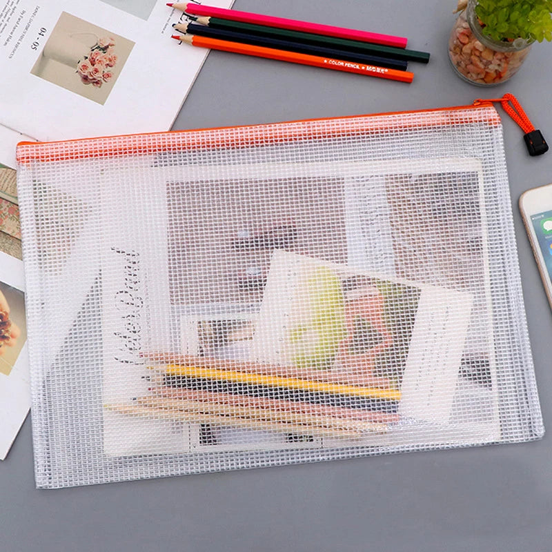 Mesh Zipper Storage Bag Document Bag Waterproof File Pouch Folders School Office Supplies Cosmetic Makeup Bags A3/A4/A5/A6