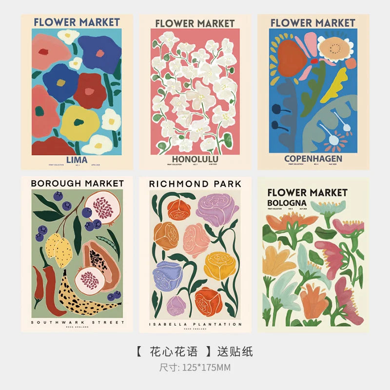 Ins Abstract Artistic Flower Postcard Vintage Aesthetic Background Wall Diy Decorative Card Photo Props With Sticker 6 Sheets