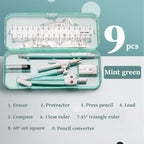 Kawaii 9pcs Ruler Set for Exams Geometry Compass Straight Edge & Protractor Portable Math Drawing Tools Stationery Supplies