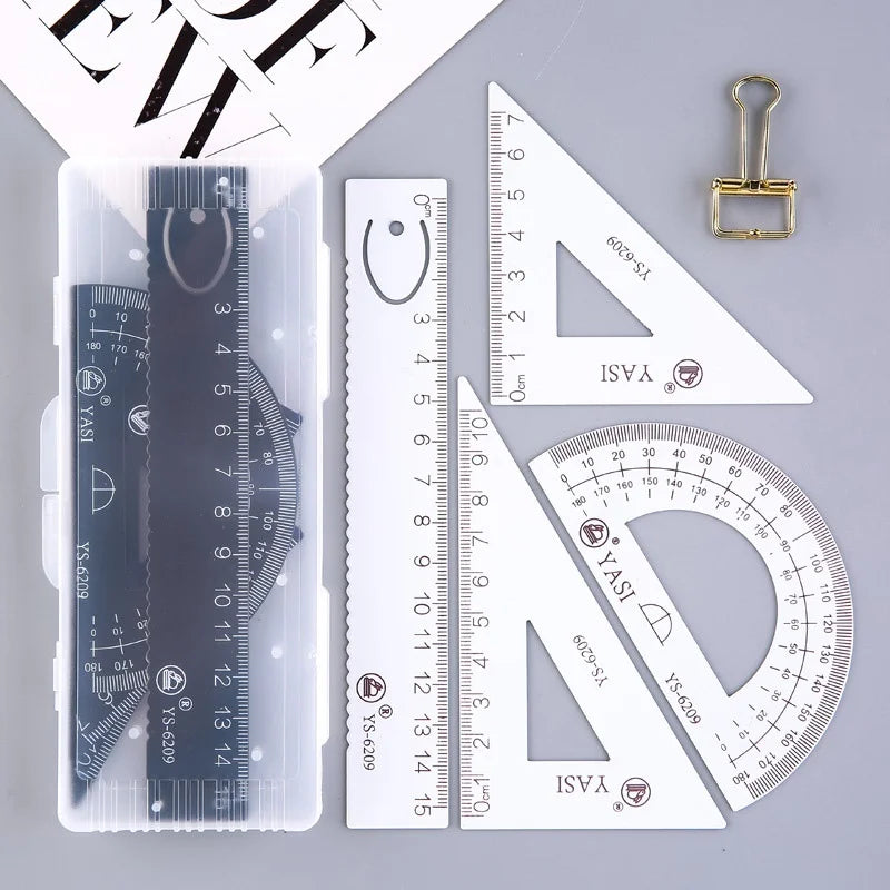 4 Pcs/Set Math Sets Metal Ruler Triangle Ruler Protractor with Box for School Student Geometry Sets