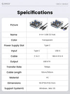 ORICO Transparent Usb C Hub 4 Port Expansion With Power Supply Interface Usb 3.2 Protocol High Speed Transmission OTG Dapter