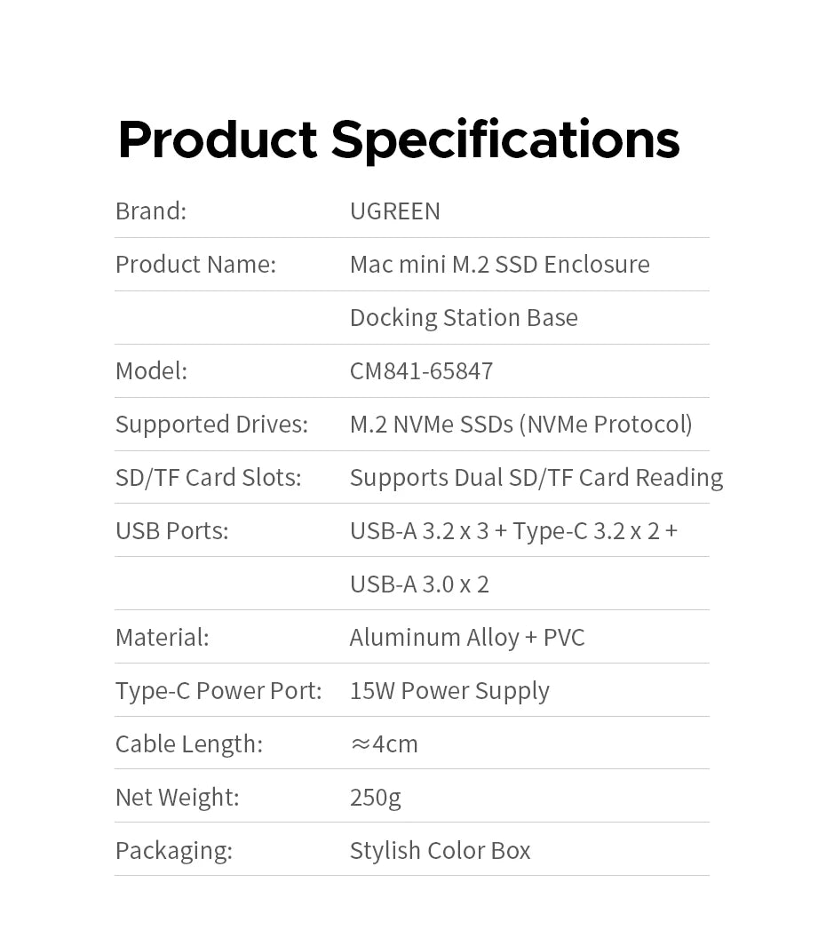 UGREEN USB HUB Docking Station for Mac Mini M4 M4 Pro M.2 NVMe SSD 8TB Max 10Gbps USB-A&C Ports SD&TF 170MB/s USB Splitter Dock