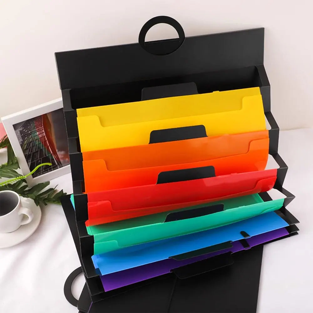 Wall-mounted document organizer, A4 size, with 6 pockets, multi-layered organization, suitable for schools, homes, and offices.