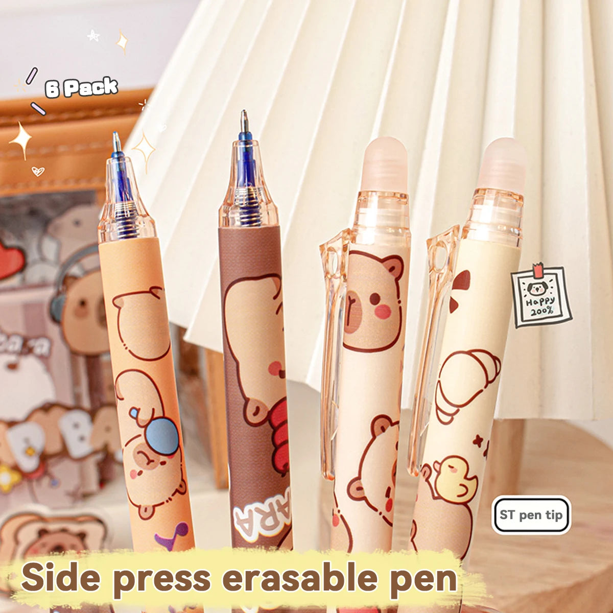 Capybara Erasable Pens 6pcs Refillable Ink Gel Pen Smudge-Free Cute Animal School Supplies for Students Office Stationery Gifts