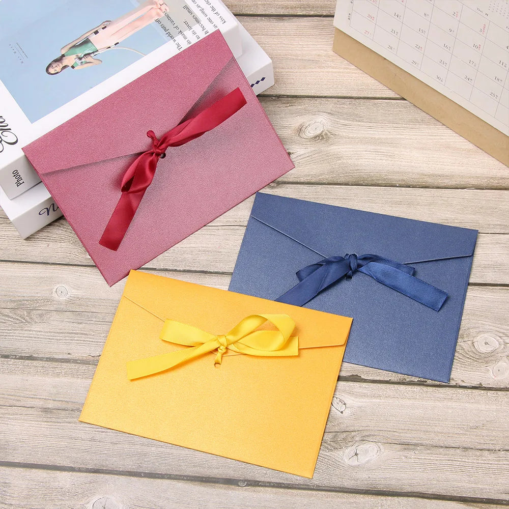 10Pcs Black Envelopes with Bow Ribbon Creative Black Greeting Card Bags Pearlescent Paper Envelop Wedding Invited Card Envelopes