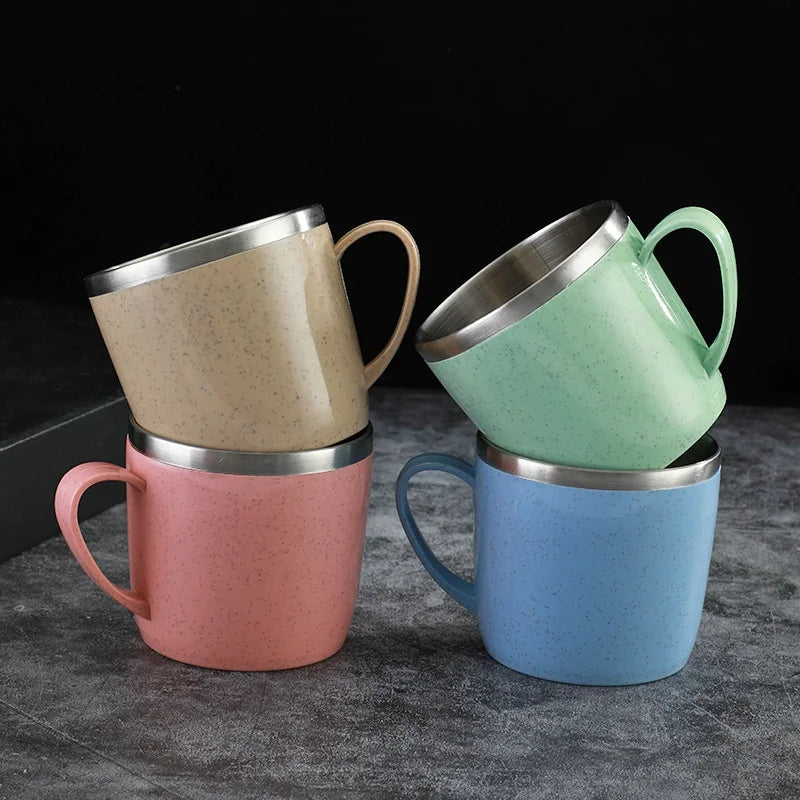 Simple Solid Color Stainless Steel Mug Wheat Straw Element Small Water Cup Children's Household Anti-scalding Drinking Water Cup