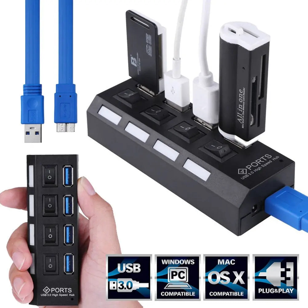 Multi Ports USB HUB 3.0 4/7 Ports Portable Super Speed 5Gbps Multiple USB Port Expander with Switches Power Adapter For PC