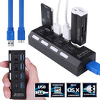 Multi Ports USB HUB 3.0 4/7 Ports Portable Super Speed 5Gbps Multiple USB Port Expander with Switches Power Adapter For PC