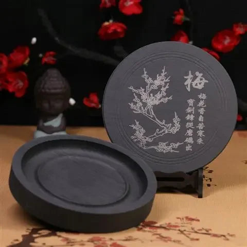 Natural Original Stone Inkstone Table with Cover End Ink Pond Plate Strip Grinding Student Beginners
