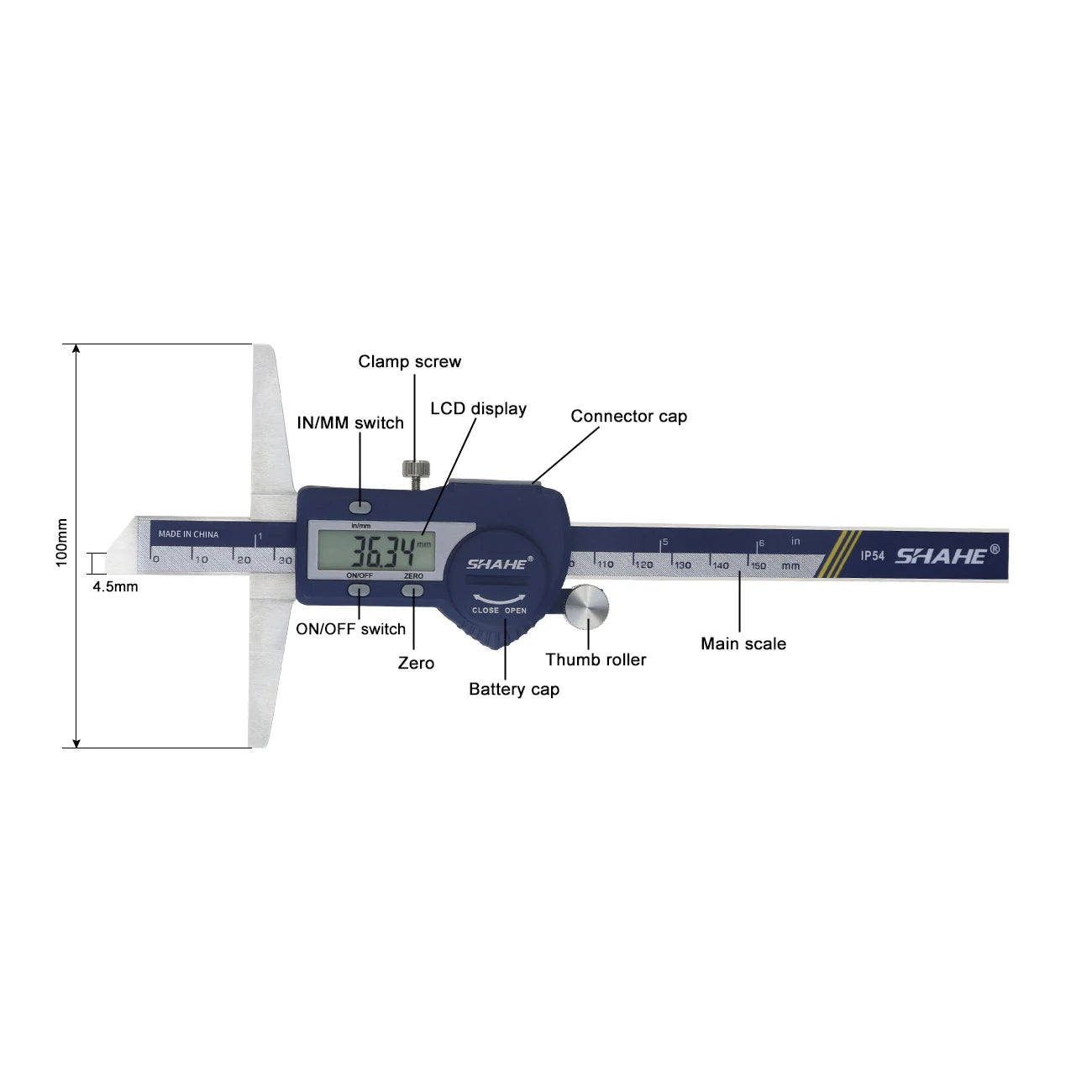 SHAHE Depth Vernier Caliper Micrometer 150/200/300 Mm Digital Vernier Caliper Stainless Steel Electric Digital Depth Gauge