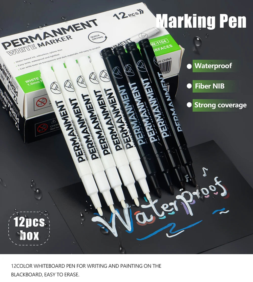3/6/12 Pcs Waterproof Marker Pen White Black Inks  2mm Tip For Rock Painting Stone Ceramic Glass Wood Tire Fabric Metal Canvas