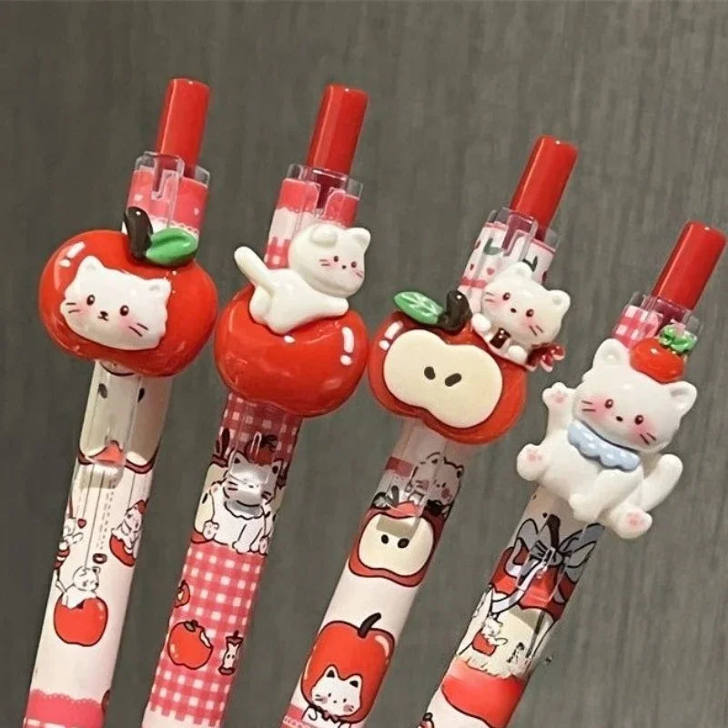 4Pcs Kawaii Apple Cat Gel Pen 0.5mm Black Ink Gel Pens Soft Grip Student Writing Pen Cute Stationery School Office Supplies