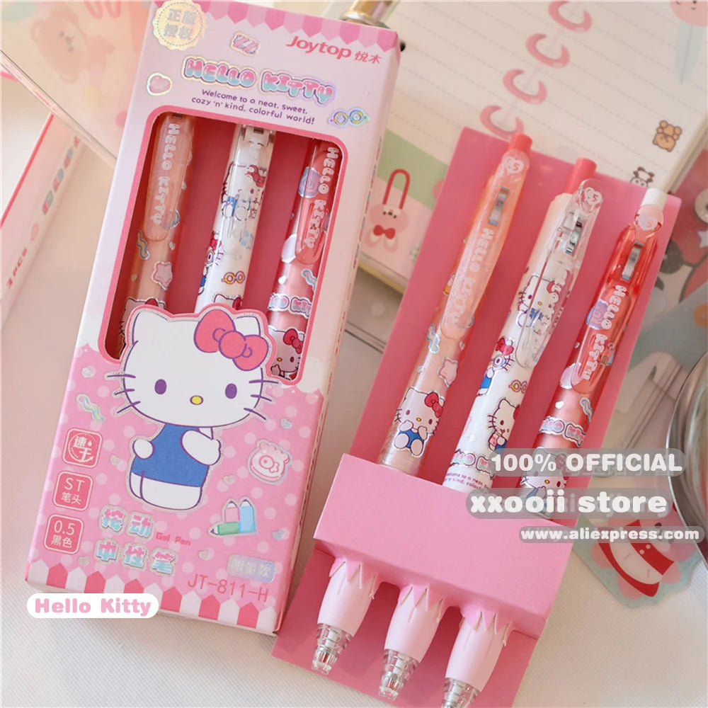 Genuine 3Pcs Kawaii Sanrio 0.5mm Gel Pens Cute Hello Kitty Cinnamoroll Kuromi Black Pen School Student Stationery Supplies Gifts