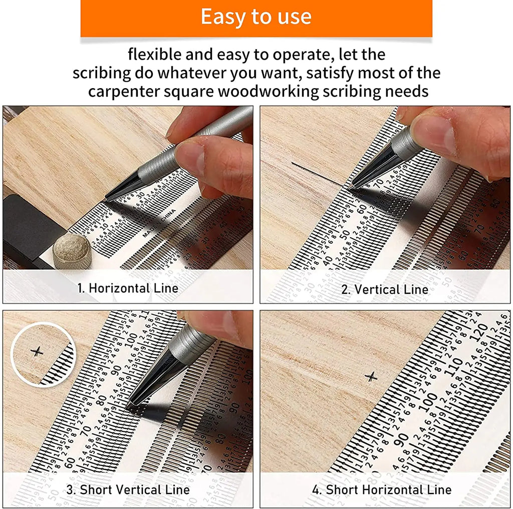 Precision Marking Ruler 200/300/400mm Stainless Steel Marking T-Rule 180mm Angle Ruler Automatic Pencil Scribing Mark Line Gauge