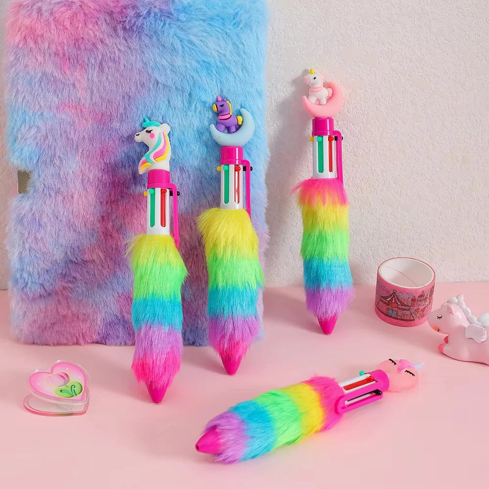 2PCS Children's Unicorn Plush Gel Pen Set 6 Colors Rainbow Ball-point Pens Cartoon Girl Handwriting Tools for Students