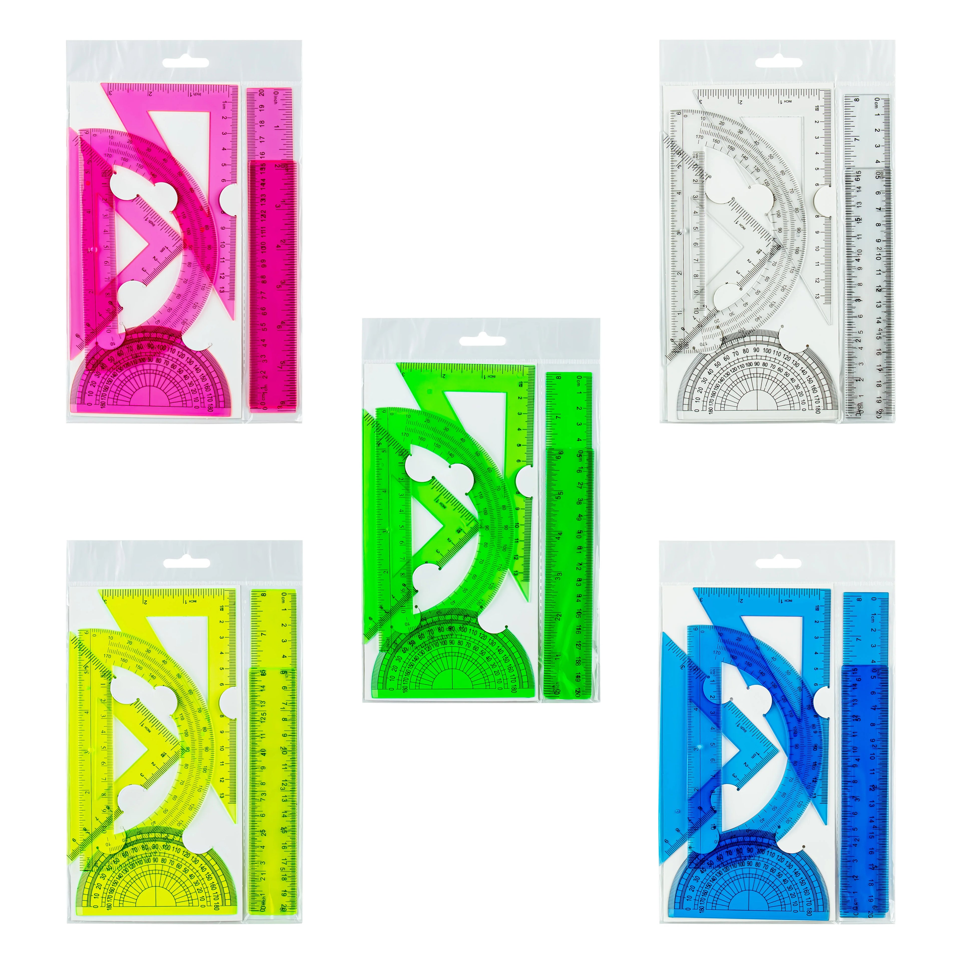 6-Piece Ruler Set - Includes Straight Rulers, Protractor, and Triangles for Accurate Measuring and Drafting