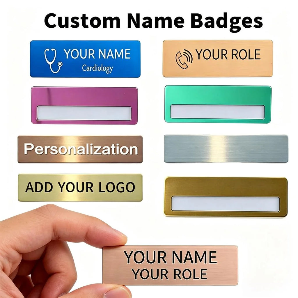 Custom Metal Name Badge Brushed Gold Silver Rectangular Staff Nameplate Free Design Personalized Employee Work Badge No MOQ