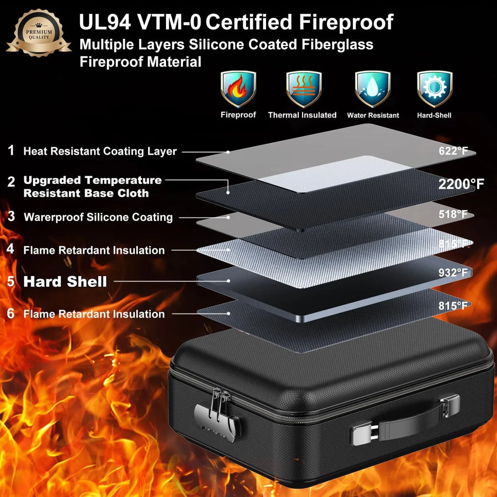 Hard Shell Fireproof Document Box with Lock Portable A4 Document Bag 5200°F Document Box Waterproof for Important Documents