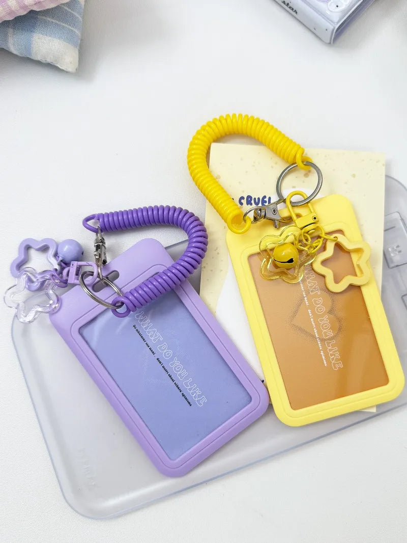Cute Simple Protective Card Holder with Keychain Colorful Star Retractable Spring Lanyard ID Card Photo Postcard Holder Charms