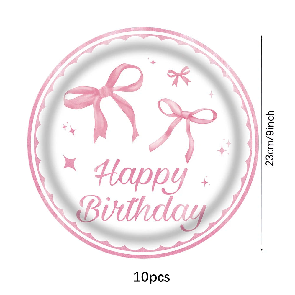 Pink bow Birthday Disposable Tableware Set Paper Plates Cups Napkins Girls Party Decoration Supplies