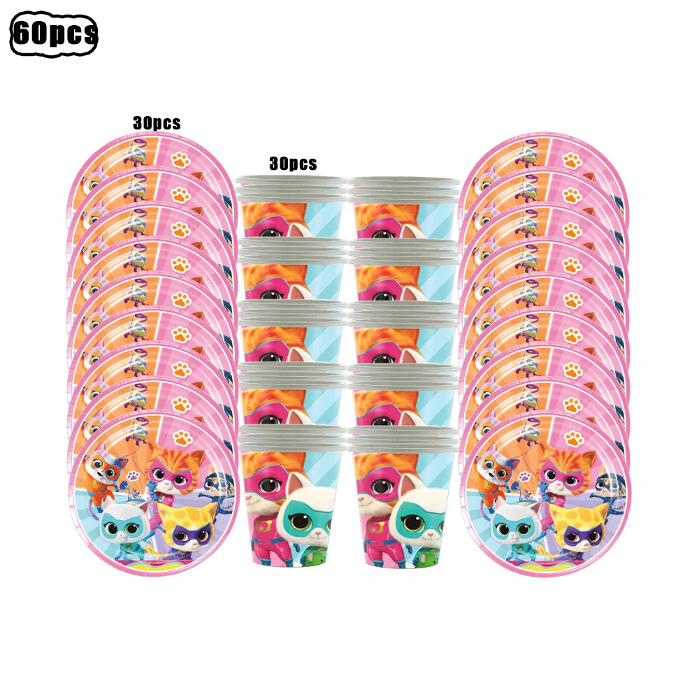 Superkitties Happy Birthday Party Decor Paw Meow Cat Super Kitties Tableware Tablecloth Plate Cup Gift Set Kid Party Supplie Toy