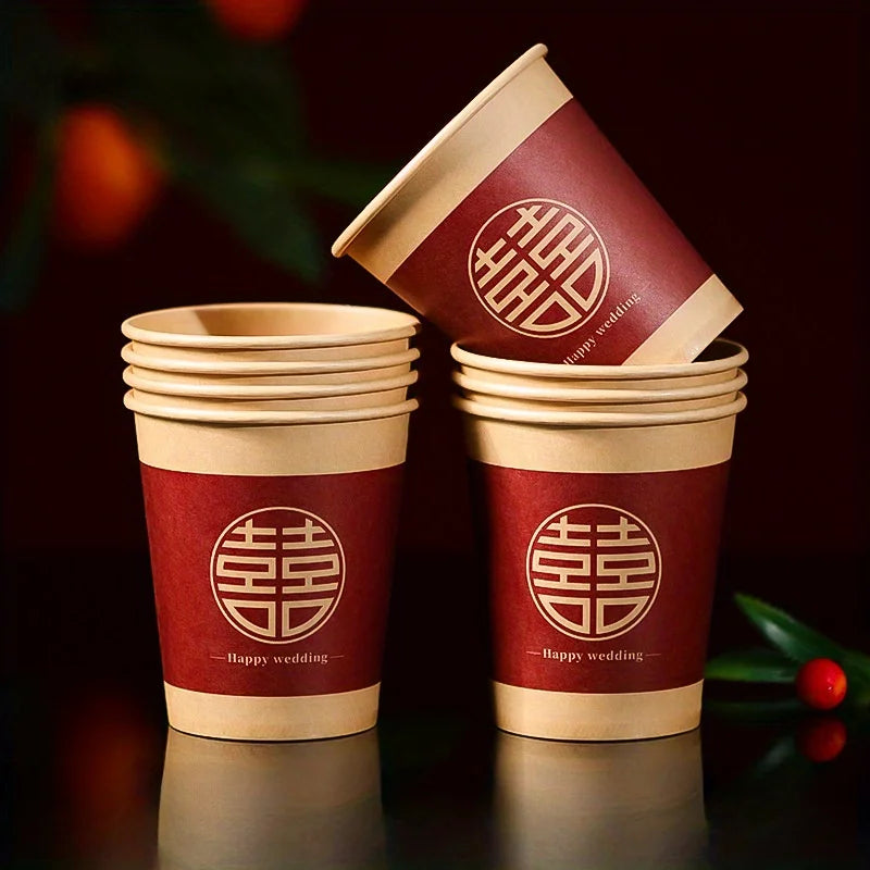 50pcs, Disposable Xi Character Cup, Bridal Party Wedding Paper Cup, Red Xi Character Paper Cup, Wedding Tea Ceremony Paper Cup
