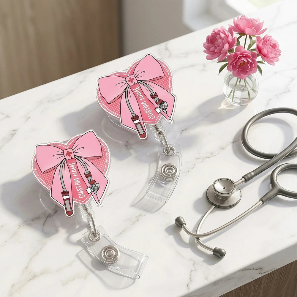 1pc Custom Name Pink Heart & Bow Badge Reel, Phlebotomist Nurse Personalized Gift, Everyday Work ID Holders, Nurse's Day