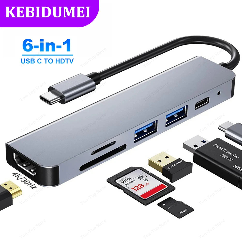 6 in 1 USB C Hubs Type C 3.0 Adapter to 4K HDMI SD TF Card PD Fast Charge Splitter USB Docking Stations Hub for MacBook Computer