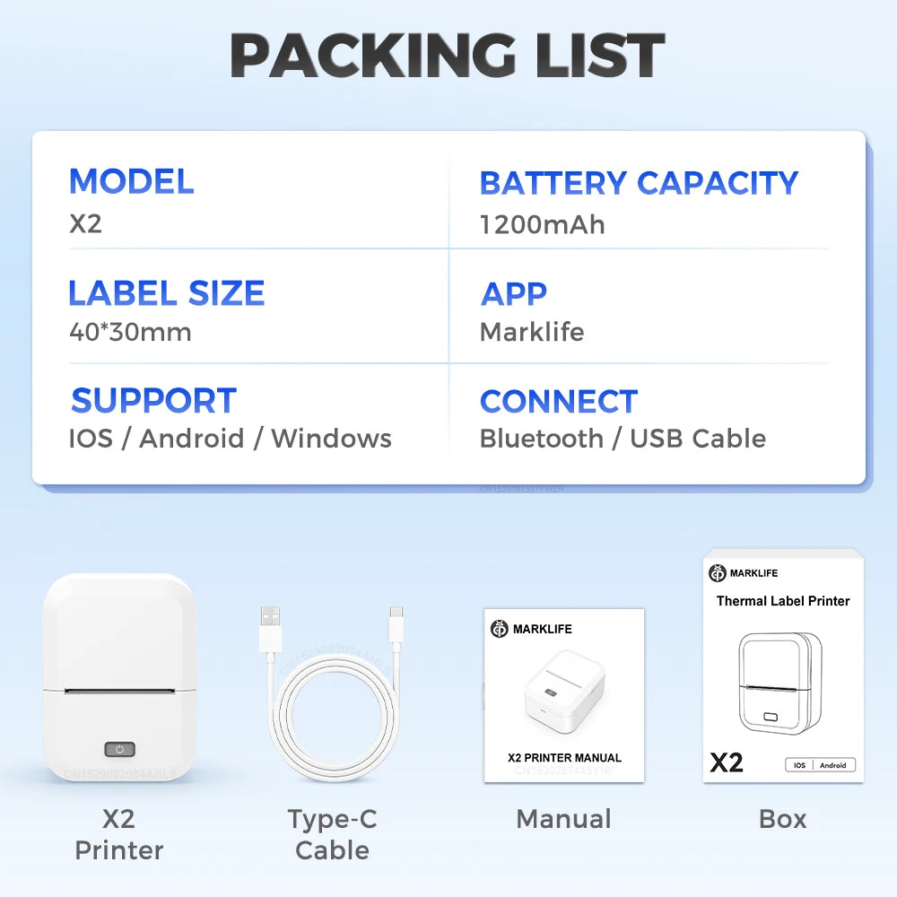 Marklife X2 Mini Printer Label Inkless Bluetooth Portable Adhesive Sticker Label Machine DIY Name Tag Barcode or 1PK Label Paper