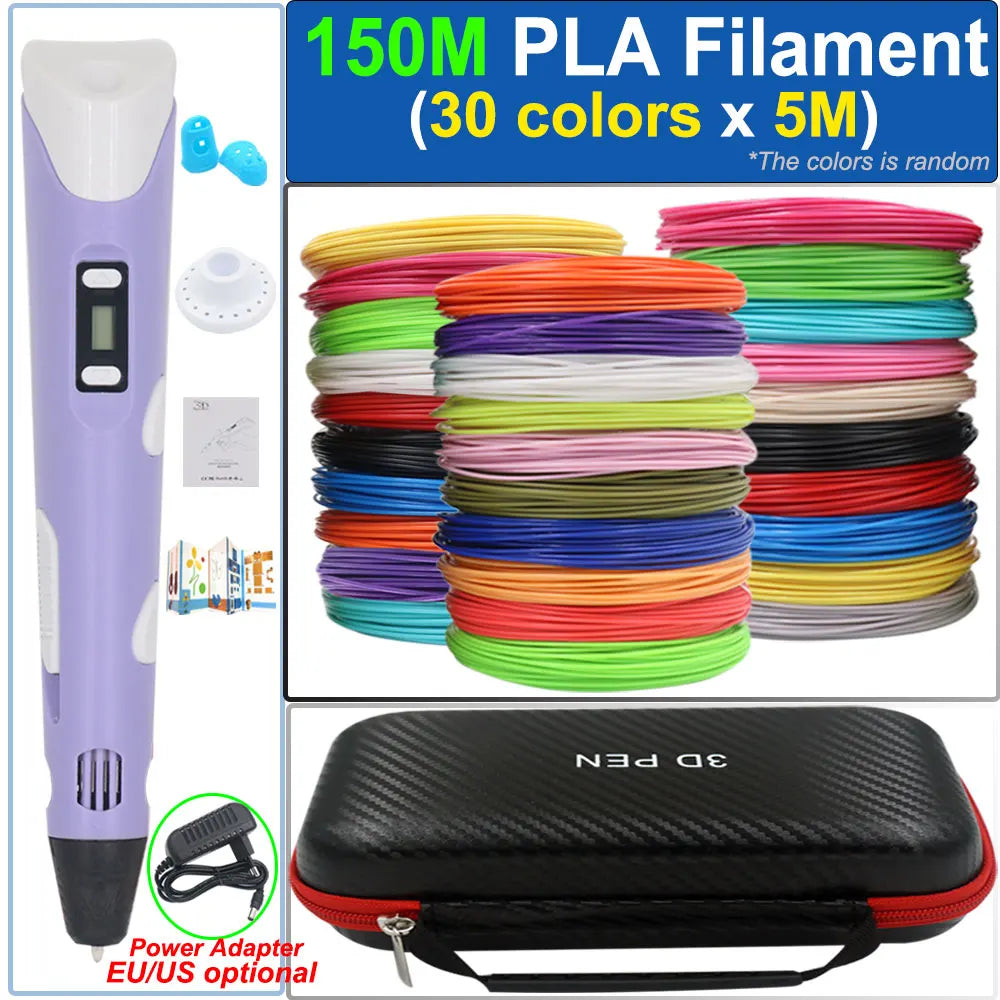 Children's 3D Pen 3D Drawing Printing Pen with LCD Screen Power Adapter 200M PLA Filament Toy Kids Christmas Birthday DIY Gift