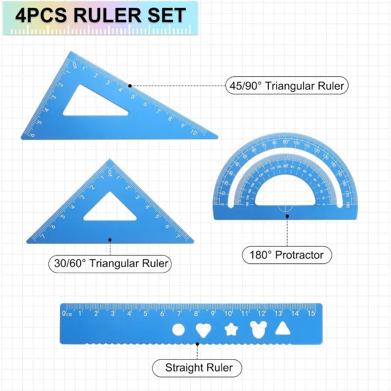 1 Set Triangular Ruler Set with Storage Box Aluminum Geometric Protractor Triangle Engineering Scale Drafting Ruler Kit