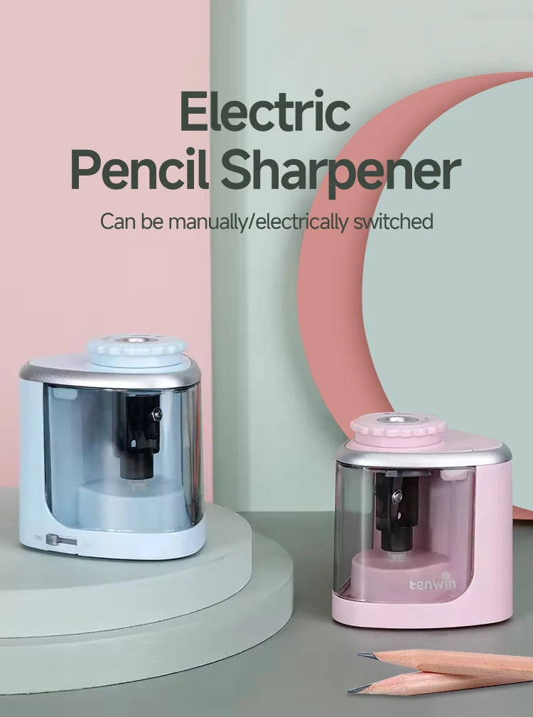 Tenwin Electric/Manual 2 in 1 Pencil Portable Sharpener Safe Student Helical Steel Blade Kids Adults Auto Pencil Sharpener 8005