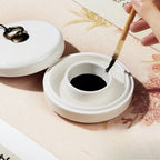 Medium Size Ceramic Ink Stone with Lid, Double Ring Moisturizing Anti-dry Ink Pot for Calligraphy Lovers Learning