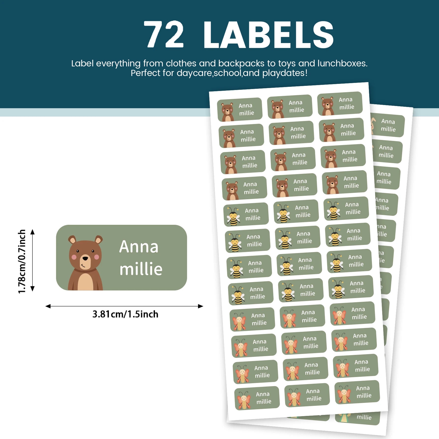 Custom Name Labels Stickers, Waterproof Personalized Clothing & Item Tags, Cute Animal Labels for Bottles Lunch Box, 72pcs