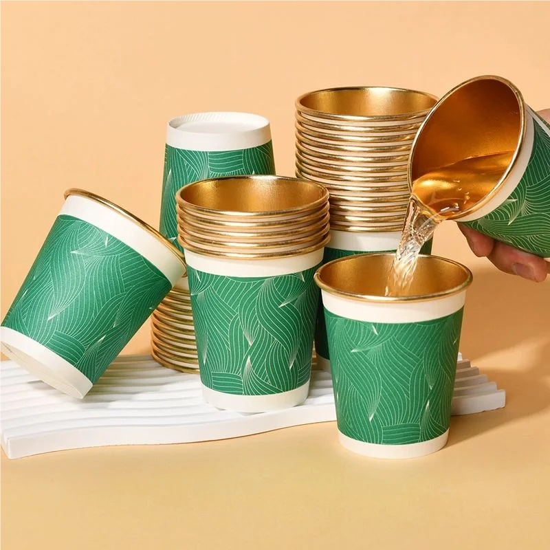50pcs/pack 250ml Disposable Gold Foil Paper Cup Commercial Office Hot Drinks Tea Cups Coffee Cup