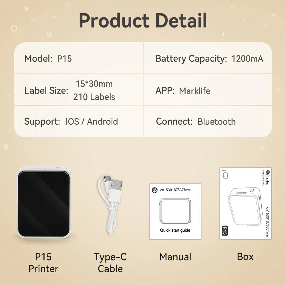 Marklife P15 Mini Printer Similar as Q30 Thermal Label Printer Portable wireless Bluetooth P15 Labeling Machine with 3PK Label