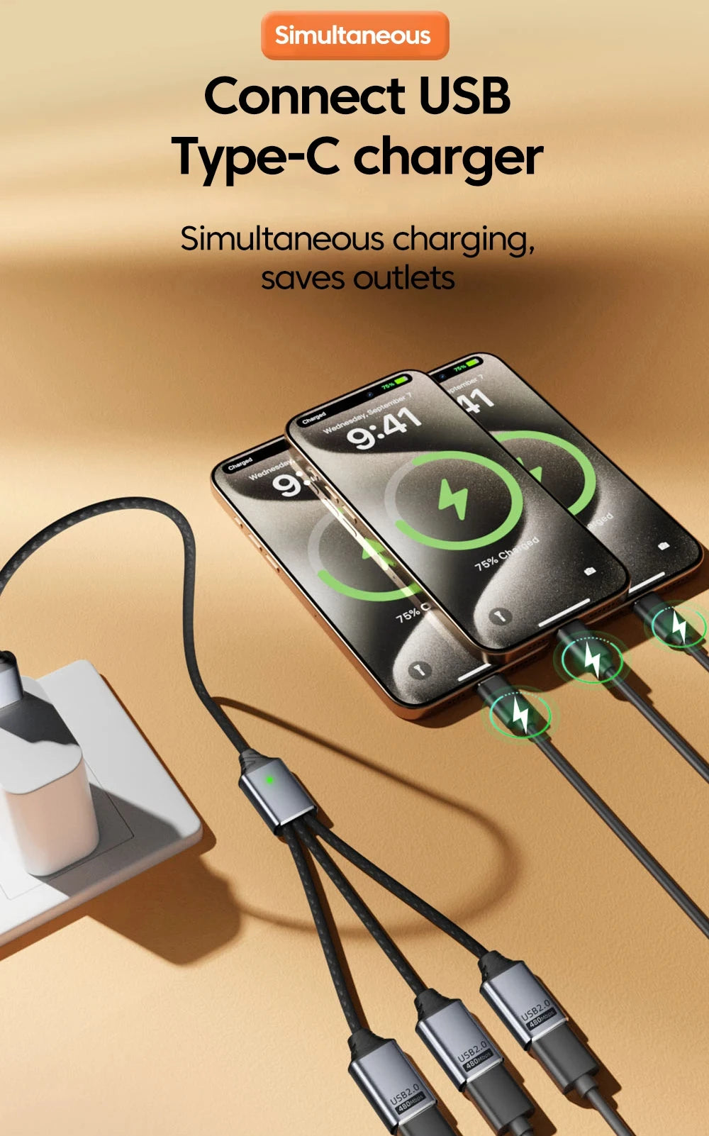 NNBILI 3 in 1 USB A/Type C Splitter HUB Expansion Cable Multi Port Expander Phone Charger  Adapter OTG Charging For Phone Table