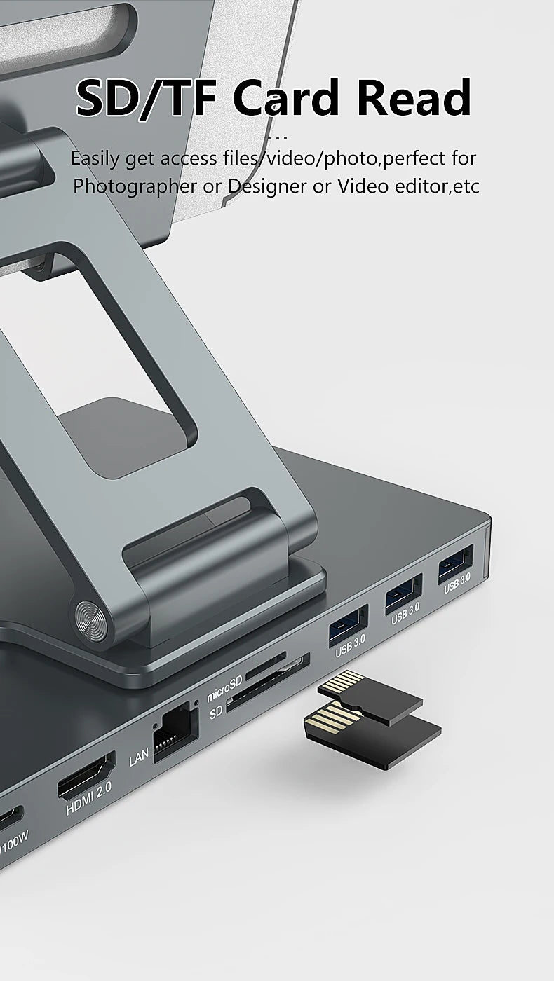 Blueendless Ipad Stand USB C Hub 4K 60HZ HD Type-C 100W PD SD/TF Slot Reader USB 3.0 5Gbps 9 In 1 Type-C Hub Ipad Holder