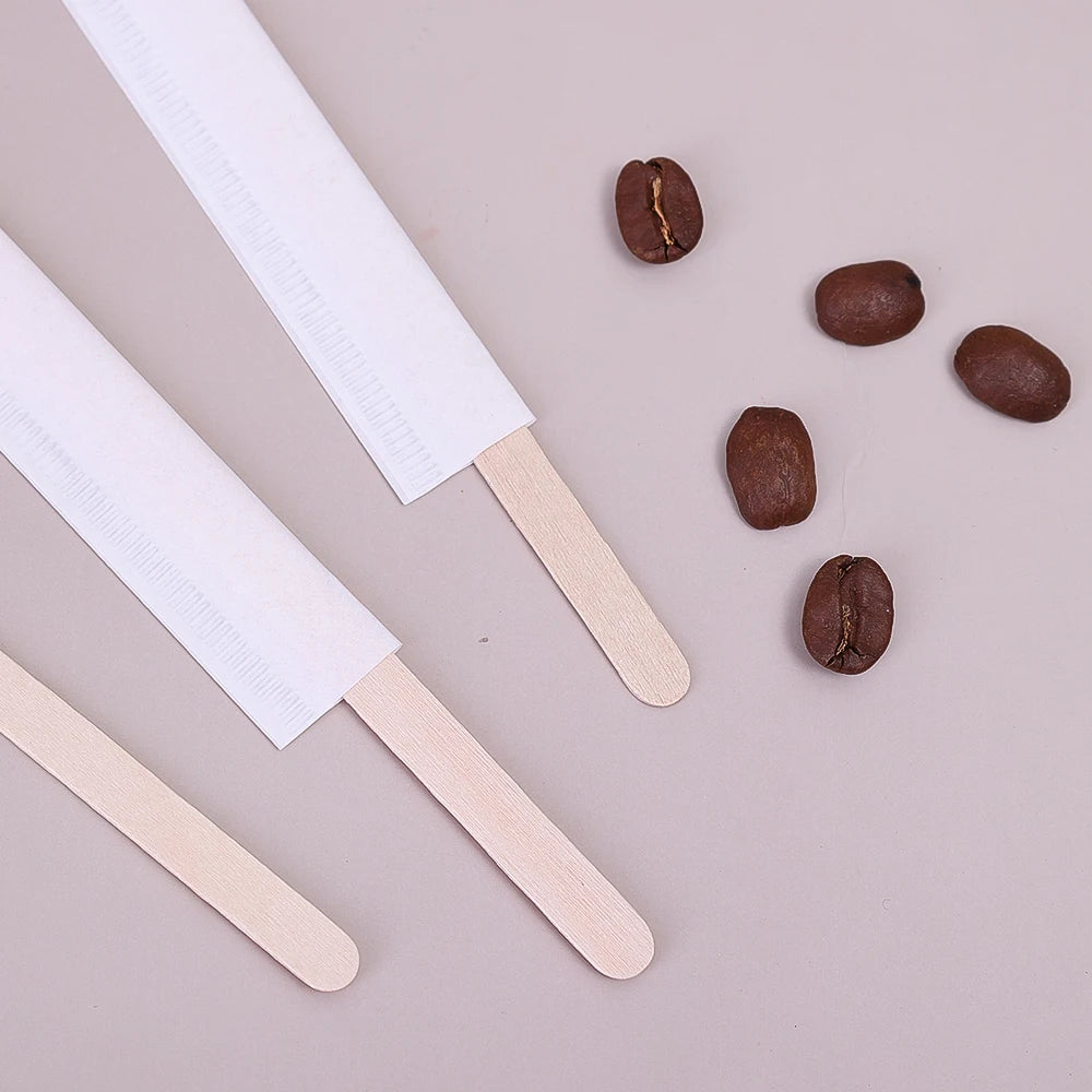 300/100pcs Wooden Coffee Stirrers Individually Wrapped Disposable Tea Drink Cocktail Mixer Swizzle Sticks Round End 5.5Inch Long