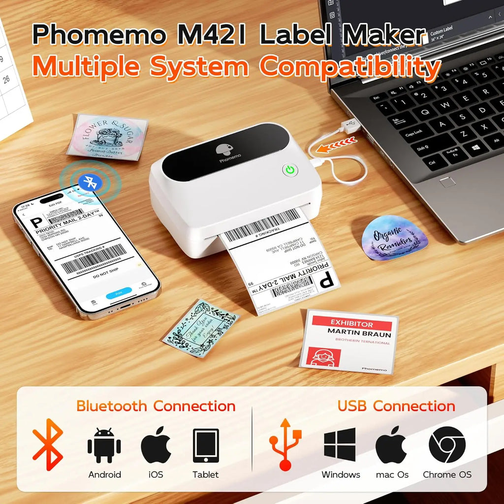Phomemo M421 Label Printer 4x6 Shipping Thermal Label Maker Compatible with Phone & PC Portable Bluetooth Printers for Package