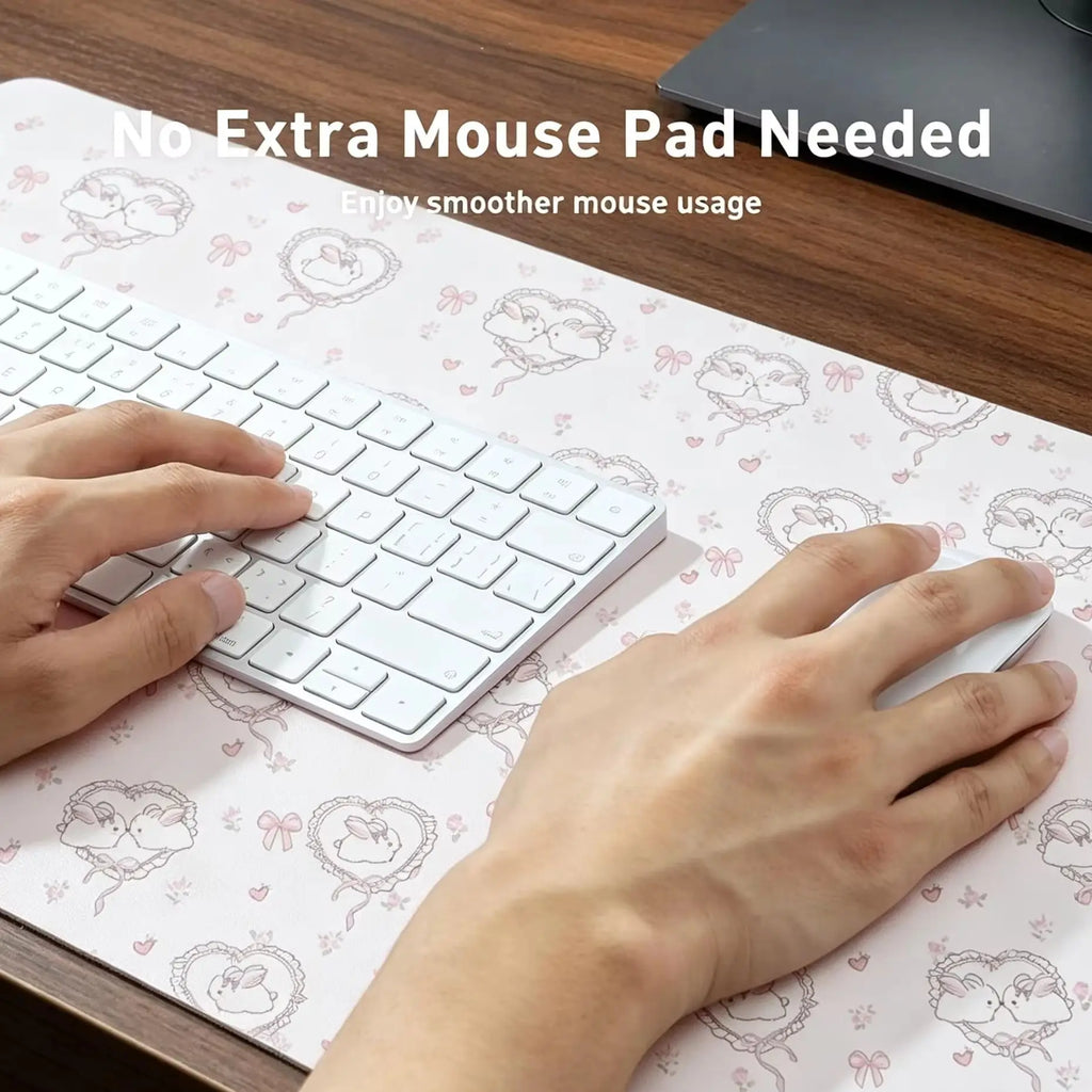 Leather Desk Pad Protector Pink Love Heart Bunny Flower Rabbit Bow Y2K Star Angel Mouse Pad Office Desk Mat PU Desk Blotter Pad