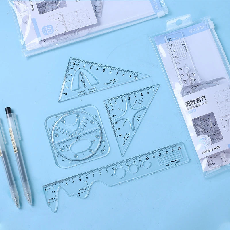 4 Pcs/ Set High Quality Ruler Protractor Student Mathematics Geometry Plastic Triangle Ruler Set Office School Supplies