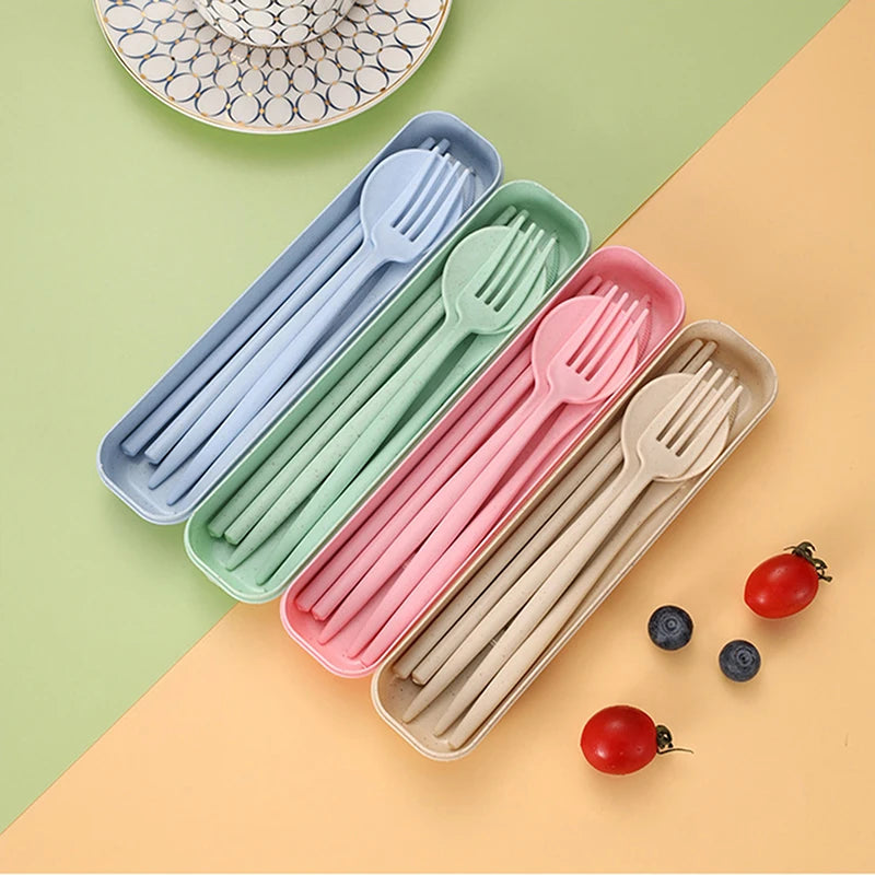 4Pcs/Set Portable Utensils With Box Healthy Eco-Friendly Wheat Straw Cutlery Reusable Chopstick Fork Knife Spoon Tableware Set