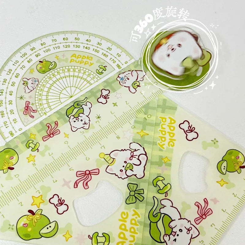 Cartoon 4pcs Ruler Set, Acrylic Straight Ruler Triangle Ruler Protractor, Cute Stationery Measuring Tools for Students