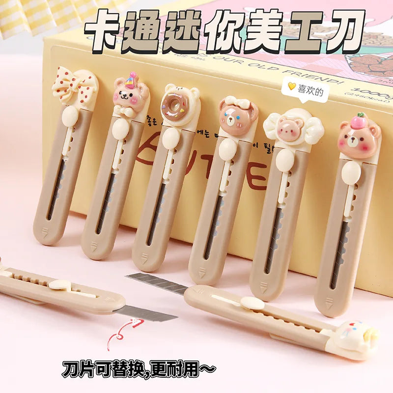 1 Piece Cartoon Utility Knife for Student Cute Fashion Box Cutter Small Portable Kawaii Beige Coffee Color Letter Opener Office