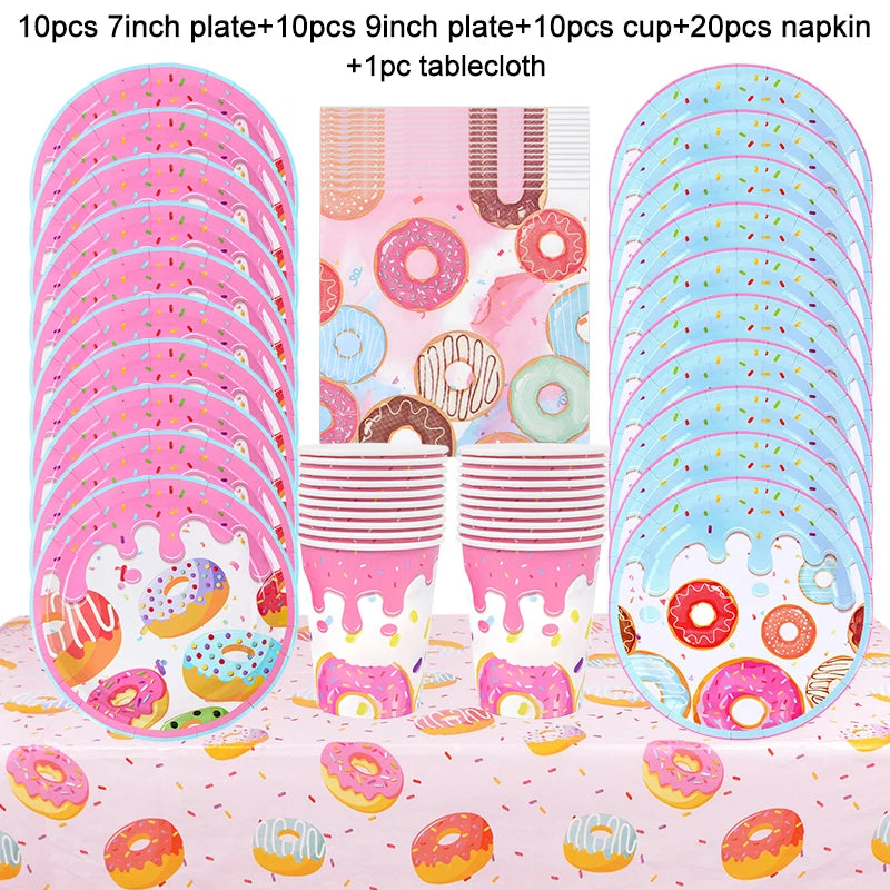 1Set Donut Party Decoration Disposable Tableware Plate Cup Napkins Candy Gift Bags Kids Baby Girl 1st Birthday Party Supplies